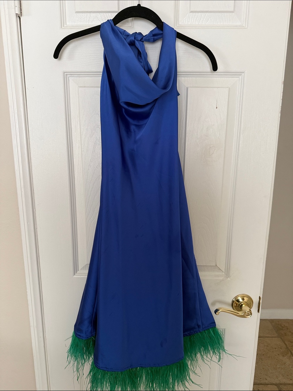 Blue Satin Halter Dress with Feather Hem